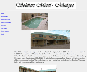 soldiersmotel.com: Mudgee Soldiers Motel - Accomodation in the centre of Mudgee close to the Mudgee
Wineries - Wine Tours hotel
Soldiers Motel Mudgee You accommodation destination in Mudgee close to wineries in the center of town clean and comfortable motel