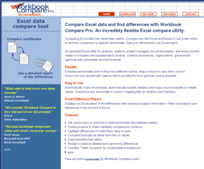 higherdata.com: Compare Excel data with Workbook Compare Pro
Comparing Excel data has never been easier. Compare any two workbooks in just a few clicks, or limit the comparison to specific worksheets.