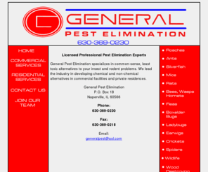 bugproblems.com: General Pest Elimination
General Pest Elimination specializes in common-sense, least toxic alternatives to your insect and rodent problems. We lead the industry in developing chemical and non-chemical alternatives in commercial facilities and private residences.