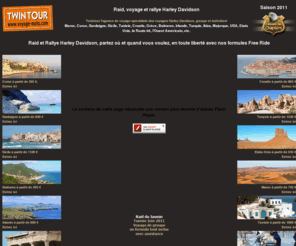 vacances-moto.com: Harley Davidson, voyage, rallye et raid, en groupe ou individuel.
Les voyages Harley Davidson by Twintour, Etats-Unis, Europe, Afrique du nord, en formule Free Ride.