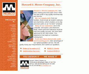 morcofab.com: Howard J. Moore Company, Inc.
Home page for MORCO Plastic
Fabricators, Howard J. Moore Company, Inc., manufacturers of
laminated phenolics, plastic fabricated parts, insulating parts,
gaskets, and specialties.