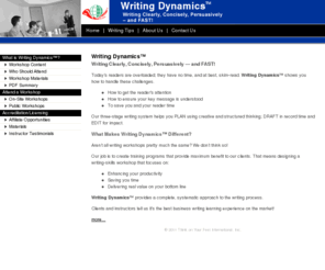 writingdynamics.com: Business Writing Skills Training - Writing Dynamics
<b> Writing Dynamics</b>  provides a complete, systematic approach to the writing process. Clients and instructors tell us it's the best business writing learning experience on the market!