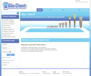 tandarts-amsterdam.com: homepage
Bio-Dent, Alpha-Bio, Alpha bio,dental implants, implants,intra oral camera,surgical loupes,ergonoptix,dent-all,dental master,dentall,srugical,whole sale,best price on implants,