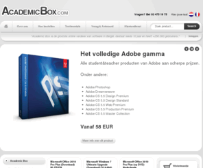 academicbox.com: Academic Box - software pakketten aan zeer scherpe prijzen
Academic Box verkoopt allerhande softwareproducten o.a. (Microsoft (Office 2010/Windows 7), Adobe (Photoshop, Creative Suite, Illustrator,...), Autodesk (Autocad, Inventor,...)) aan zeer scherpe prijzen. Directe levering. Speciale prijzen, speciaal voor studenten, docenten, leerkrachten en (ouders) van leerlingen. Ook voor avondschoolstudenten.