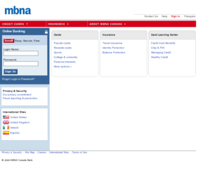 mbnacanada.com: Home | Canada | MBNA
MBNA Canada Bank provides a wide range of credit cards to Canada customers, including rewards and affinities with sports, charity, college and professional groups.