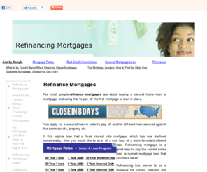 myrefinancemortgages.com: Refinance Mortgages
For most people refinance mortgages are about buying a second home loan or mortgage, and using that to pay off the first mortgage or loan in place.