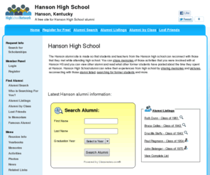 hansonhighschool.com: Hanson High School
Hanson High School is a high school website for Hanson alumni. Hanson High provides school news, reunion and graduation information, alumni listings and more for former students and faculty of HHS in Hanson, Kentucky