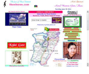 theninews.com: ::> > >  Welcomes to You! The Ultimate informative site for THENI DISTRICT    window.open('hostsponsor.htm','popup2','left=500,width=200,height=300,resizable=0,status=0,scrollbars=0');
	
 <!-- Beginning of JavaScript -

// CREDITS:
// Dynamic world time ticker for your titlebar
// By Urs Dudli and Peter Gehrig
// Copyright (c) 2001 Peter Gehrig and Urs Dudli. All rights reserved.
// Permission given to use the script provided that this notice remains as is.
// Additional scripts can be found at http://www.24fun.com
// info@24fun.com
// 5/8/2001

// IMPORTANT:
// If you add this script to a script-library or script-archive
// you have to add a highly visible link to
// http://www.24fun.com on the webpage
// where this script will be featured

// CONFIGURATION:
// Go to http://www.24fun.com, open category 'date' and download the script

var hours
var shifthours
var minutes
var seconds
var localhours
var pause=2000
var thisplace
var i_worldtime=0
var timer

var worldtime = new Array()

worldtime[0]="Azores,-1"
worldtime[1]="Baghdad,4"
worldtime[2]="Berlin,2"
worldtime[3]="Bloemfontein,2"
worldtime[3]="Buenos Aires,-3"
worldtime[9]="Cairo,3"
worldtime[3]="Cape Town,2"
worldtime[4]="Chicago,-5"
worldtime[5]="Denver,-6"
worldtime[3]="Durban,2"
worldtime[3]="East London,2"
worldtime[6]="Hong Kong,8"
worldtime[7]="Honolulu,-10"
worldtime[8]="Johannesburg,2"
worldtime[10]="Lima,-5"
worldtime[11]="London,1"
worldtime[12]="Los Angeles,-7"
worldtime[13]="Mexico City,-5"
worldtime[14]="Moscow,4"
worldtime[15]="New York,-4"
worldtime[16]="Paris,2"
worldtime[17]="Perth,8"
worldtime[3]="Port Elizabeth,2"
worldtime[18]="Sao Paulo,-3"
worldtime[19]="Sydney,10"
worldtime[20]="Tokyo,9"

function showtime() {
if (document.all) {
	thisplace=worldtime[i_worldtime].split(",")
	thistime= new Date()
	hours=thistime.getUTCHours()
	hours=eval(hours)
	shifthours=eval(thisplace[1])
	localhours=eval(shifthours hours)
	if (localhours <0) {localhours=24 localhours}
	if (localhours > =24) {localhours=localhours-24}
	
	minutes=thistime.getUTCMinutes()
	seconds=thistime.getUTCSeconds()
	
	if (thisplace[0]=='Delhi') {
		minutes=eval(minutes 30)
		if (minutes> =60) {
			minutes=eval(minutes-60)
			localhours=eval(localhours 1)
		}
	}
	if (eval(minutes) < 10) {minutes="0" minutes}
	if (eval(seconds) < 10) {seconds="0" seconds}
	if (eval(localhours) < 10) {localhours="0" localhours}
	thistime = localhours ":" minutes ":" seconds
	document.title="::The website for Theni District,TamilNadu, India:: *World Time Zones " thistime "  " thisplace[0] " "
	i_worldtime  
	if (i_worldtime> =worldtime.length) {
		i_worldtime=0
	}
	timer =setTimeout("showtime()",pause)
	}
}

if (document.all) {
	window.onload=showtime
}

// - End of JavaScript - -->
Tourisam,Theni,News,Hotels,Kerla,TamilNadu