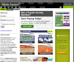 puzzlejam.net: The Puzzle Society  Crosswords, Jumbles, Sudoku, Jigsaws and challenging puzzles
Play interactive and print versions of crosswords, jigsaws, trivia, Jumble and Sudoku plus other puzzles and games. Games update daily and there are over 8,000 puzzles in the online archive.