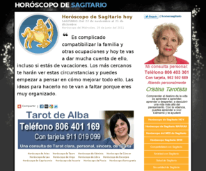 horoscopodesagitario.com: Horóscopo de Sagitario
Horóscopo de Sagitario. Horóscopo diario de Sagitario, horóscopo de Sagitario mañana, horóscopo mensual de Sagitario. Todo lo que quieres saber de Sagitario, compatibilidad, sexualidad, carácter, debilidades, mitología de Sagitario.