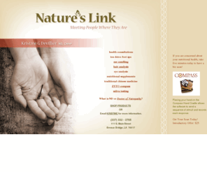 kristinedevillier.com: Nature's Link ~ Meeting People Where They Are
Nature's Link. For holistic health solutions including health consultations, ion detox foot spa, ear candling, hair analysis, eye analysis, nutritional supplements and traditional chinese medicine.