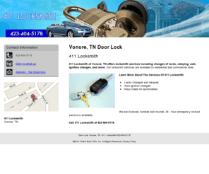 411locksmithtn.com: Door Lock Vonore, TN - 411 Locksmith 423-404-5178
411 Locksmith of Vonore, TN offers locksmith services including changes of locks, rekeying, auto ignition changes, and more. Call 423-404-5178.