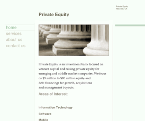 peqvc.com: Private Equity - home
Private Equity is an investment bank focused on venture capital and raising private equity for emerging and middle market companies. We focus on $5 million to $80 million equity and debt financings for growth, acquisitions and management buyouts. Areas of 