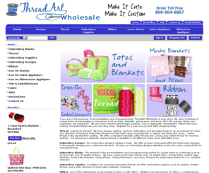 threadartwholesale.com: Wholesale Embroidery Supplies | Blanks | Thread | Designs |
Wholesale embroidery supplies, designs, thread, blanks, rhinestones, ribbon and more!  We specialize in personalization and monogramming products.