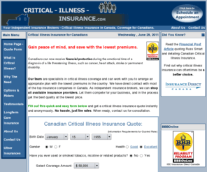 critical-illness-insurance.com: Critical Illness Insurance Canada - Living Benefits Coverage for Canadians
Anonymous critical illness insurance quotes in Canada. Shop all Canadian insurers. Earn living benefits.