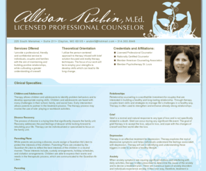 allisonrubinlpc.com: Allison Rubin, M.Ed., Liscenced Professional Counselor, therapy, st. Louis, MO
Providing confidential service to individuals, couples and families with the aim of maintaining and building positive relationships, while cultivating a greater understanding of oneself. 314.303.6946