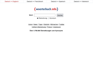 woerterbuch.info: Wörterbuch - Synonyme - Deutsch-Englisch Übersetzungen
Wörterbuch - Synonyme - Deutsch-Englisch Übersetzungen