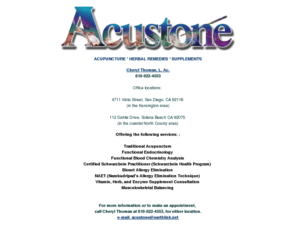 acustone.com: Acupuncture in San Diego, Acustone
Healing modality designed to strenghten and harmonize the body with the aid of acupuncture and semiprecious stones.