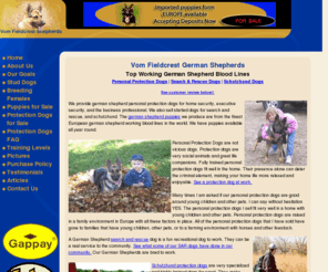vomfieldcrestshepherds.com: Trained personal protection dogs - VomFieldCrestShepherds US professional dog training company
Personal protection dogs for home security and professional protection. VFCS provides dog training for the family pet to dogs for law enforcement, narcotics and search & rescue in the US.