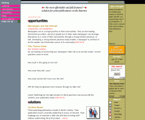lps3.com: Welcome to Linear Publishing
Providing Web sites to newspapers, businesses and communities. Web-based software allows custom designs and content. Calendars, directories, pages and more act as a local portal.
