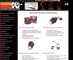 about-airfilterkn.info: K&N High Performance Air Filters, Air Intakes, & Oil Filters
K&N Replacement Air Filters, Air Intakes, and Oil Filters for auto, gas and diesel truck, motorcycle, off-road and racing vehicle, marine, snowmobile, ATV, dirt bike, small engine, and industrial use.  K&N now also has washable air filters for class 4, 5, 6, 7, and 8 trucks and motorhomes.