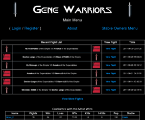 genewarriors.com: Gene Warriors
Gene Warriors  - You are the Owner of a Gladiatorial Stable where you will coach, create, arm and outfit your Gladiators then send them into the Arena as you see fit.  Browser based game that works on iphone/ipod touch, virtually any internet connected device.