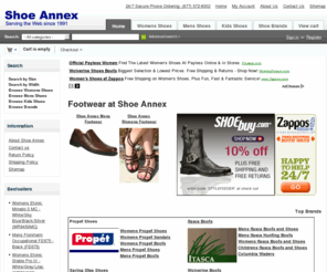 shoeannex.com: Casual Shoes and Work Boots - FREE SHIPPING on All Casual, Athletic, and Work Footwear.
Free ground shipping on name brand men&#039;s shoes, women&#039;s shoes, and kids shoes at great prices.  Our product range includes men&#039;s dress shoes, womens, casual shoes, kids shoes for all sizes and many unique premium brands, including:  Propet Shoes, Abilene Western Boots, Ad-Tec Boots, Aqua Duck (AquaDuck), Azura Sandals, BOGS footwear, colorful creations, columbia waders, converse work boots, daniel Green Slippers, Duck Head Shoes, Florsheim Work Boos, Fly Flot Sandals, Hi-Tec Boots, Itasca Boots and Shoes, Johathan Kayne, Klogs Shoes, Kodiak Boots, Lalla Lew Slippers, Lamour Kids, L.B. Evans Slippers, Liz Rene Couture, Magnum Boots, Pluie Pluie Raingear, Redwoods Boots, Rocket Dog, SAGE Western Boots, Special Occasions, Spring Step Sandals and Shoes, Touch Ups Shoes, and Wolverine Boots.