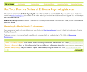 elmontepsychologists.com: El Monte Psychologists - El Monte Psychologists.com - Put Your Practice Online Now
Build your own therapy marketing web site at El Monte Psychologists.com.