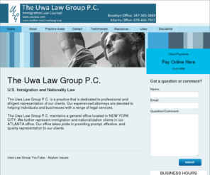 uwalaw.com: Home
New York Atlanta immigration lawyers. Our Atlanta immigration law office handles all types of immigration legal services including: h1b visas, immigration compliance, family immigration, deportation, green card and general immigration matters. New York General Practice Areas.