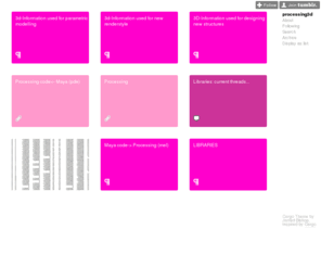 processing3d.com: processing3d
PROCESSING3D is a catalog conveying the collective research on the expansion of processing in the 3D-environment and enhancing the possibilities of existing applications Inintiated by Dum:ene Comploi...