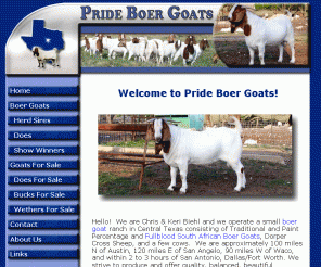 prideboergoats.com: Pride Boer Goats - Boer Goats in Texas
Goat Farm that specializes in Boer Goats with registered fullblood Boer Goats