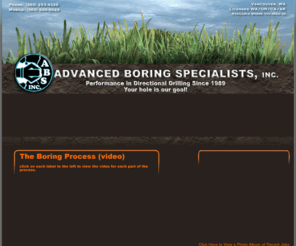 advancedboring.com: Advanced Boring Specialists, Inc.
Advanced Boring Specialists, Inc. Offeres almost ten years of horizontal directional drilling experience for the trenchless installaion of pipe and conduit in the telecommunications, gas, water, eletrical, sewer and environmental remediation markets.