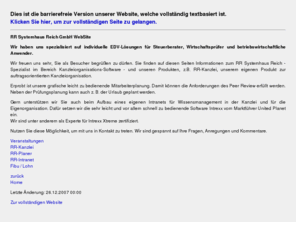 kanzleisoftware.info: RR Systemhaus Reich GmbH
RR-Kanzlei. Die auftragsorientierte Kanzleiorganisation. Die RR Systemhaus Reich GmbH betreut Steuerberater, Wirtschaftsprÿfer und betriebswirtschaftliche Anwender. Kanzleiorganisation, Fibu, Lohn, Netzwerke, Kommunikation, ISDN