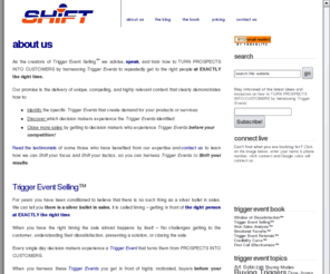 triggerleader.com: About Us at  SHiFT! – TURN PROSPECTS INTO CUSTOMERS by Harnessing Trigger Events
OUTSELL YOUR COMPETITION by Harnessing 'Trigger Events' to get in front of highly motivated decision makers at EXACTLY the right time