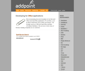 addpoint.info: Developing for Office, Word, PowerPoint, Excel, OpenOffice, PC & Mac
Developing templates and functions for almost all Office suites