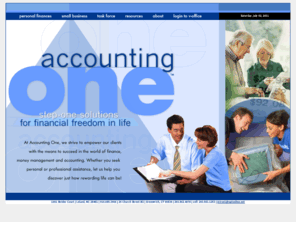 accountingone.net: Accounting One: Step-One Solutions for Financial Freedom in Life
Accounting, finance, and money management services 
for individuals and small businesses, including personal finance, bill payment, budgeting, debt management, bookkeeping, 
payroll, virtual file management.