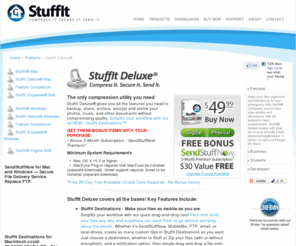 smithmicros.com: Products: StuffIt Deluxe® file compression, encryption, backup. Zip files, too!
StuffIt Deluxe® comes packed with tools. Everything from your most simple file expansion task (including the ablity to zip and unzip files on mac and windows, and open RAR files) to a complicated problem like having to create a large segmented, encrypted, password-protected archive that spans two DVDs. StuffIt can handle it and send it digitally to boot. Try Deluxe for 30 days and see for yourself how powerful it really is.