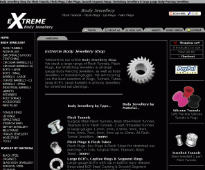 extreme-body-jewellery.co.uk: Extreme Body Jewellery Shop for all Body Piercing Jewellery 
Body Jewellery shop for Flesh Tunnels, Flesh Plugs, Lip Rings, Fake Plugs & all large & small gauge body piercing jewellery. Also Fake piercing, Segment Rings, Retainers & a wide selection of Body Jewellery.