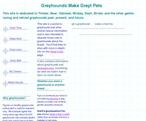 greythound.com: Sarah Norton's Greyhound Adoption site -- find an agency here
Includes retired racing greyhound adoption information, greyhound trivia, and more.