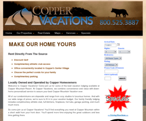 coppervacations.com: Copper Vacations Official Site ~ Great Family Lodging at Copper Mountain, Homes, Condos & Hotel Rooms.
Copper Vacations offers premier Ski Mountain Resort Lodging in the Colorado Rocky Mountains available at Copper Mountain in Summit County.