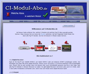 ci-modul-abo.de: CI Modul Übersicht
Auf Ci-Modul-Abo.de erfahren Sie, welches Pay-TV Abo sie in welchem CI Modul nutzen können. Wählen Sie dazu einfach nur eines der Module aus, und Sie können dann sehen, welche Pay-TV Anbieter Sie in diesem Modul nutzen können.