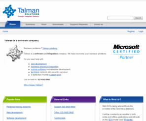 talmansolutions.com.au: Talman Solutions (.Net, SQL Server, SharePoint, BizTalk, Visual FoxPro, Web development)
Custom software, Visual FoxPro, FoxPro, VFP, SQL Server, Visual Studio, .Net, BizTalk, Microsoft, wool software, wool, wool system, enterprise software, database, software engineering, Certified, Certificate, Microsoft Gold Certified Partner, Web development, SharePoint, Internet, Software house, Business Process Integration