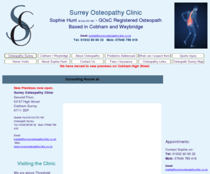 surreyosteopathyclinic.co.uk: Osteopath Surrey Cobham Surrey Weybridge Surrey Osteopathy Surrey
Osteopath in Surrey Cobham Weybridge Oxshott Esher area. Registered Osteopath offering a full range of osteopathy osteopathic treatments in Surrey. Tel: 01932 909032   Mob: 07949 789416. Member British Osteopath Association