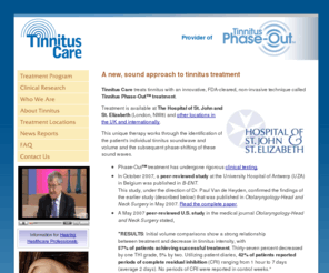 tinnituscare.net: Tinnitus Care: Treatment for Tinnitus and ringing in the ear.
Tinitus Care treats tinnitus with an innovative, FDA-cleared, non-invasive technique called Phase Shift Treatment (PST).