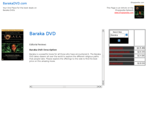 barakadvd.com: Baraka DVD | Baraka | Baraka Blu-ray
Baraka DVD and Blu-ray information. Find Reviews and Price comparisons of this documentary movie on DVD and Blu-ray