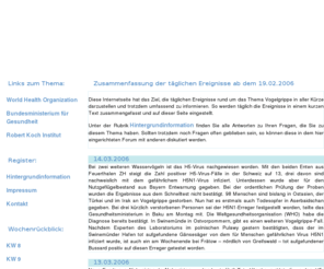 vogelgrippe-soforthilfe.com: Vogelgrippe - Soforthilfe
Information zur und rund um das Thema Vogelgrippe, Ansteckung, Schutz, Ausbreitung, Virus, Erreger, Gefahren, Infektion, Todesfälle, Opfer, Mutation, Impfung