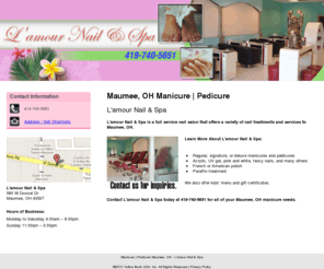 lamournailtoledo.com: Manicure | Pedicure Maumee, OH - L'amour Nail & Spa
L'amour Nail & Spa provides a full service nail salon that offers a variety of nail treatments and services to Maumee, OH. Call 419-740-5651 for inquiries.