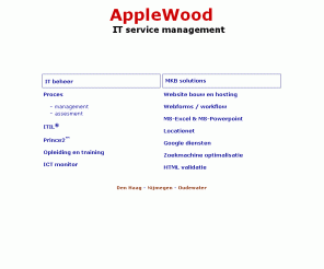 applewood.nl: AppleWood IT service management
AppleWood provides IT service delivery and management consultancy,
                training, education and IT support services, based on ITIL and Prince2. Den Haag - Nijmegen - Oudewater