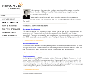 newzgroups.com: Guide to Free and Commercial Usenet Newsgroup Providers
A Usenet newsgroup guide to several free and paid providers.