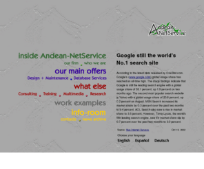 andeannet.com: Welcome to Andean-NetService
Andean-NetService is a software and consulting company. Our main services are database application programming, Internet consultancy and web design.